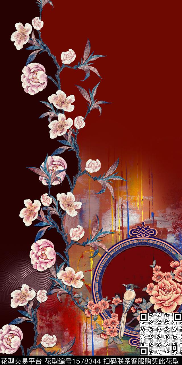 鸟中国风花卉数码印花华亿平台下载（图片编号: 1578344） - 瓦栏（Walan）