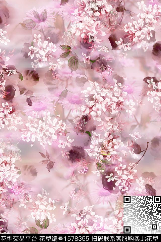 花卉底纹影花数码印花华亿平台下载（图片编号: 1578355） - 瓦栏（Walan）