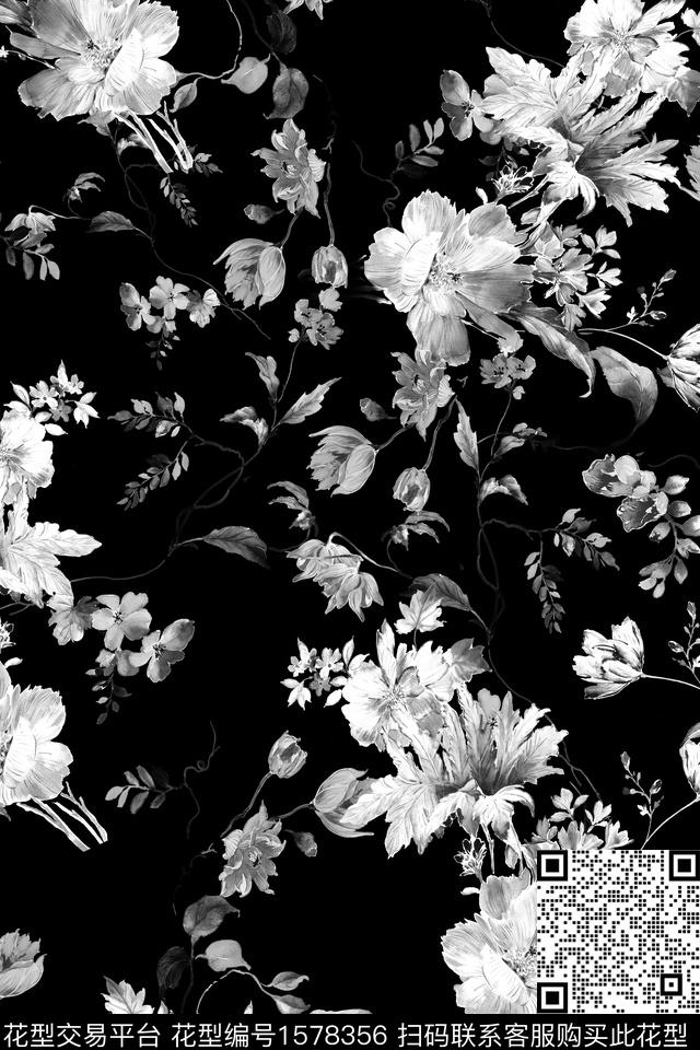 黑白华亿平台黑底花卉花卉数码印花华亿平台下载（图片编号: 1578356） - 瓦栏（Walan）