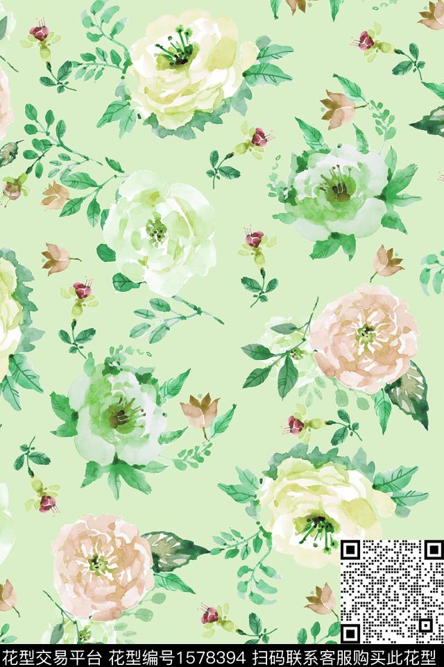 清爽花卉水彩花卉数码印花华亿平台下载（图片编号: 1578394） - 瓦栏（Walan）