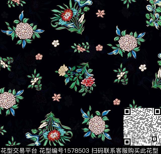 绣花华亿平台复古黑底花卉数码印花华亿平台下载（图片编号: 1578503） - 瓦栏（Walan）
