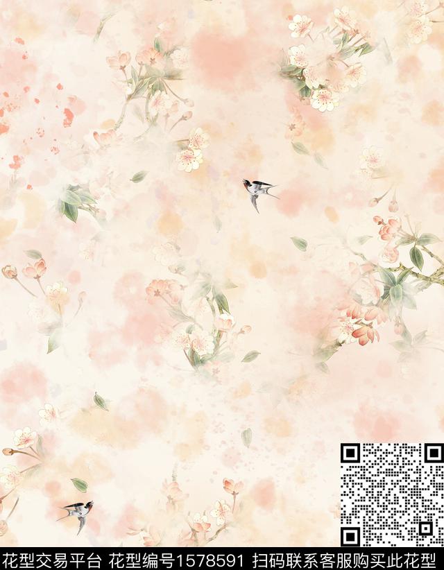 燕子花卉中国风数码印花华亿平台下载（图片编号: 1578591） - 瓦栏（Walan）
