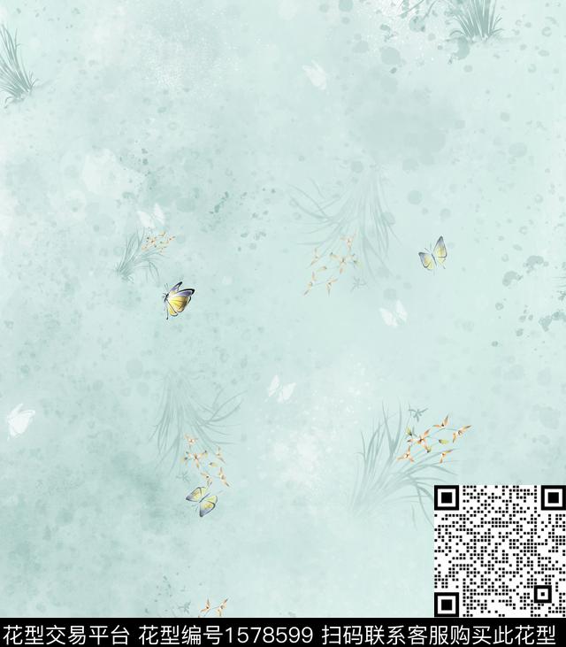 花卉中国风蝴蝶数码印花华亿平台下载（图片编号: 1578599） - 瓦栏（Walan）