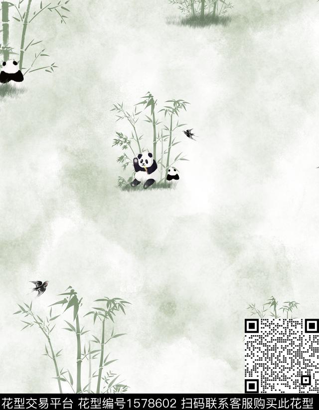 中国风熊猫竹子数码印花华亿平台下载（图片编号: 1578602） - 瓦栏（Walan）