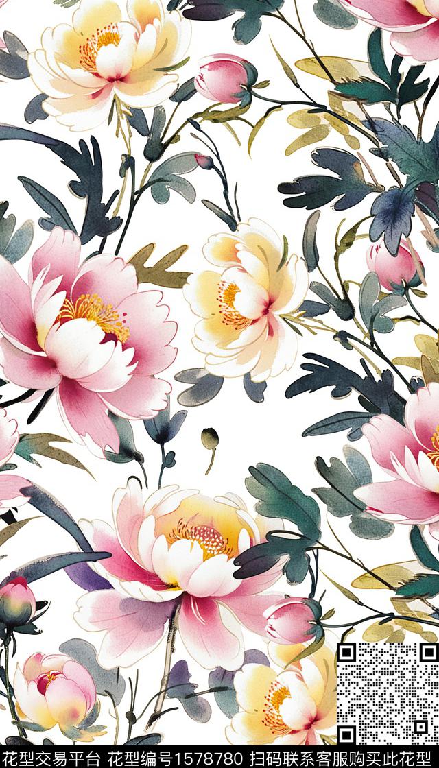 白底花大花手绘花卉数码印花华亿平台下载（图片编号: 1578780） - 瓦栏（Walan）