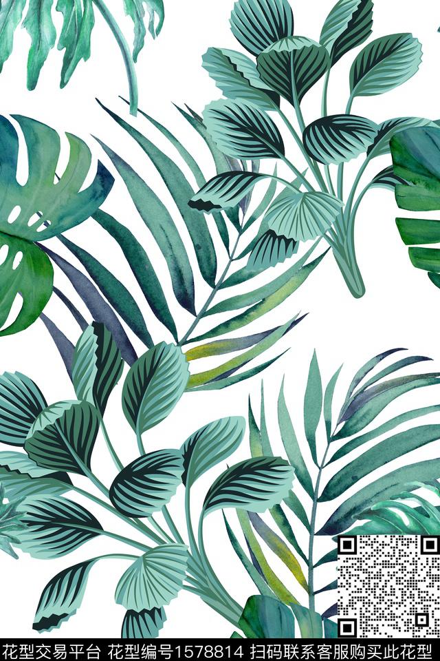 叶子棕榈叶热带华亿平台数码印花华亿平台下载（图片编号: 1578814） - 瓦栏（Walan）