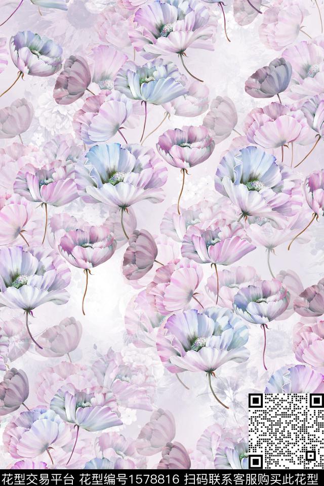 水彩花卉影花满版散花数码印花华亿平台下载（图片编号: 1578816） - 瓦栏（Walan）