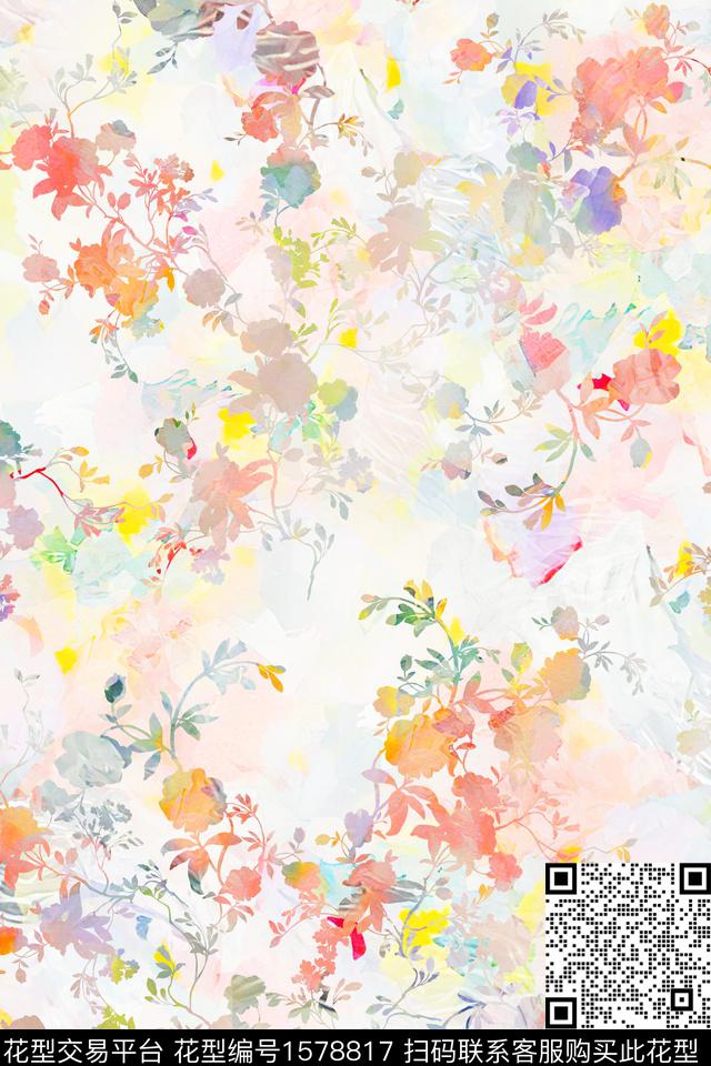 水彩剪影花卉数码印花华亿平台下载（图片编号: 1578817） - 瓦栏（Walan）