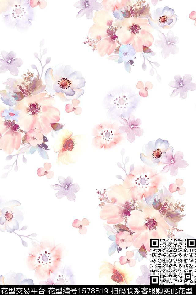 白底花花卉水彩花卉数码印花华亿平台下载（图片编号: 1578819） - 瓦栏（Walan）