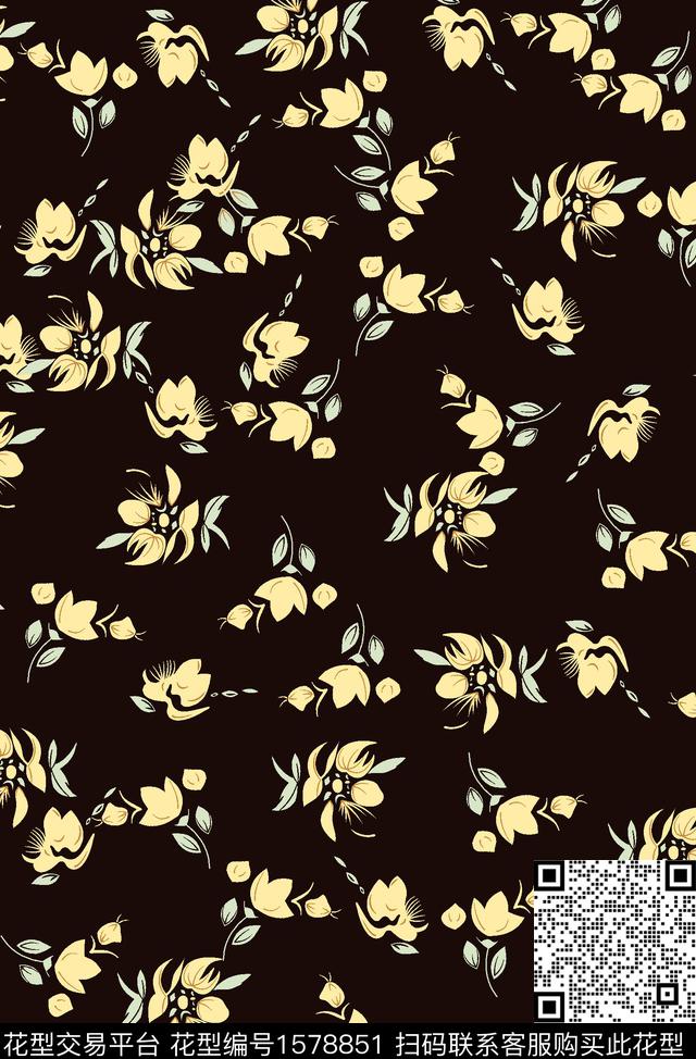 花卉黑底花卉小碎花数码印花华亿平台下载（图片编号: 1578851） - 瓦栏（Walan）