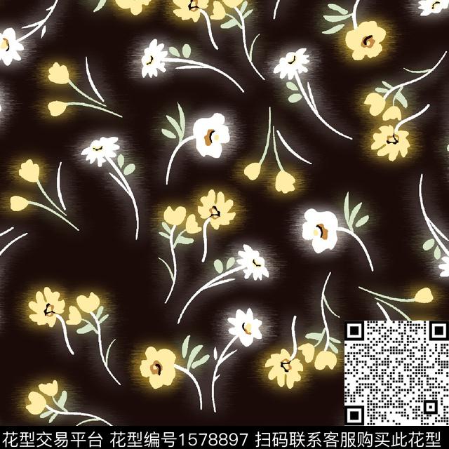 花卉黑底花卉小碎花数码印花华亿平台下载（图片编号: 1578897） - 瓦栏（Walan）