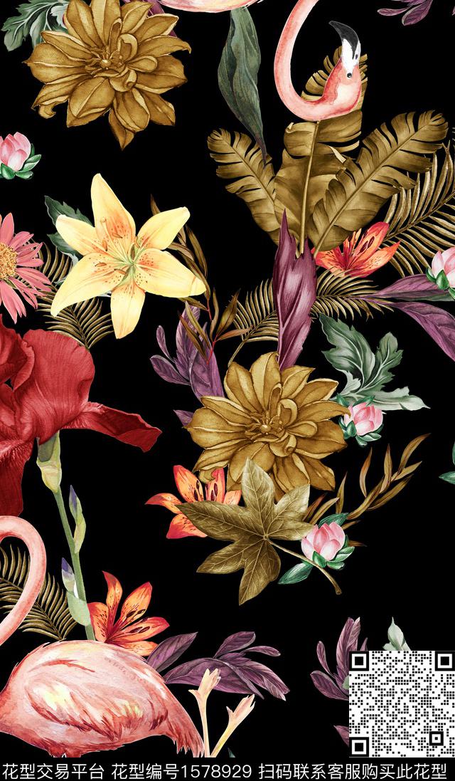 花卉火烈鸟黑底花卉数码印花华亿平台下载（图片编号: 1578929） - 瓦栏（Walan）