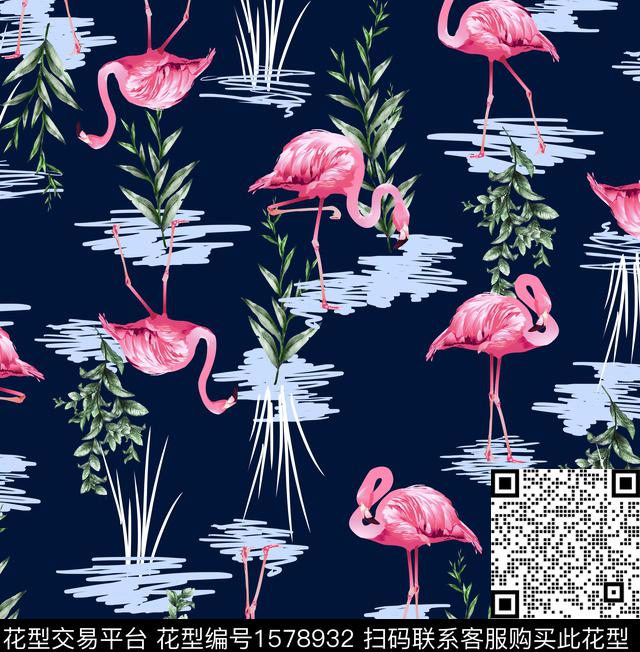 叶子涂鸦火烈鸟数码印花华亿平台下载（图片编号: 1578932） - 瓦栏（Walan）