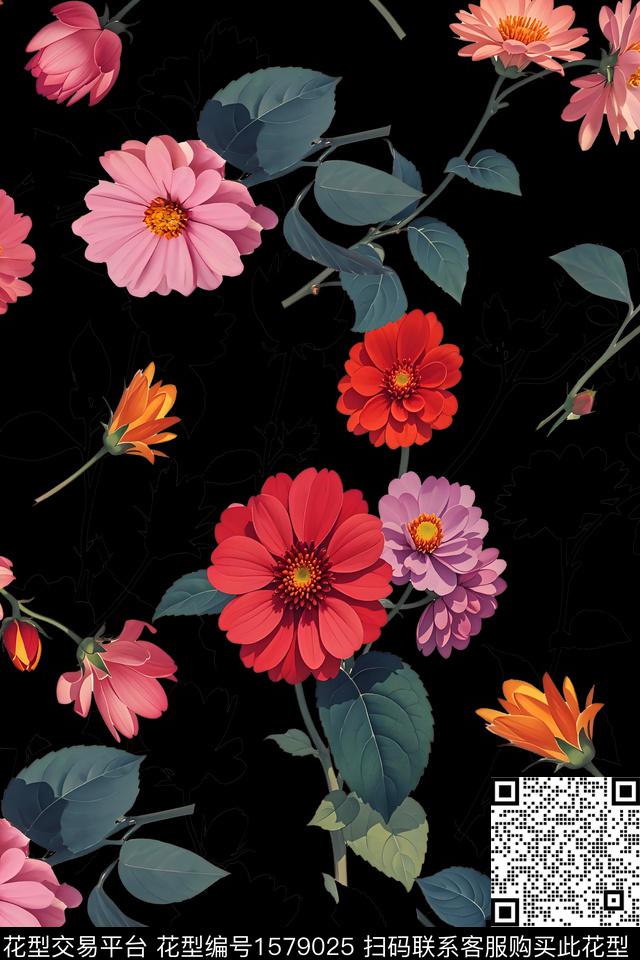 花卉立体花卉黑底花卉数码印花华亿平台下载（图片编号: 1579025） - 瓦栏（Walan）