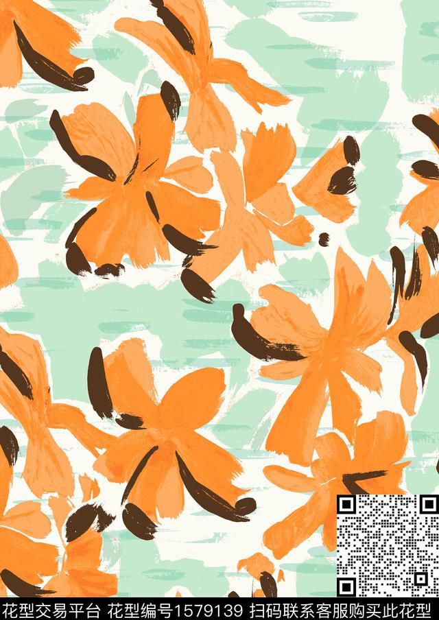 抽象花卉大牌风手绘底数码印花华亿平台下载（图片编号: 1579139） - 瓦栏（Walan）