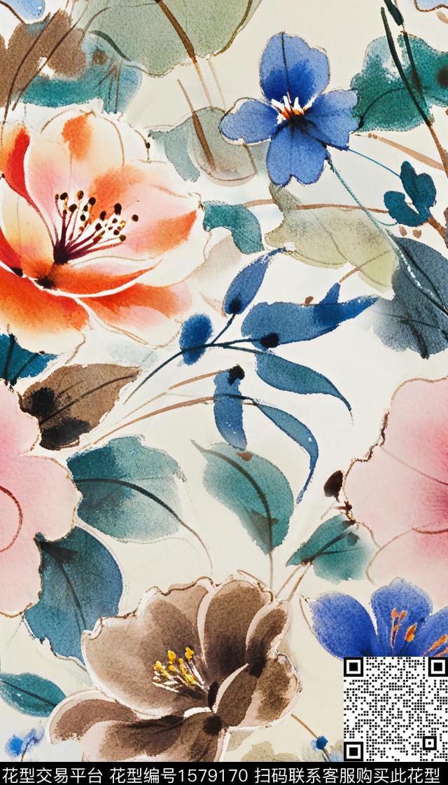 大花花卉水彩花卉数码印花华亿平台下载（图片编号: 1579170） - 瓦栏（Walan）