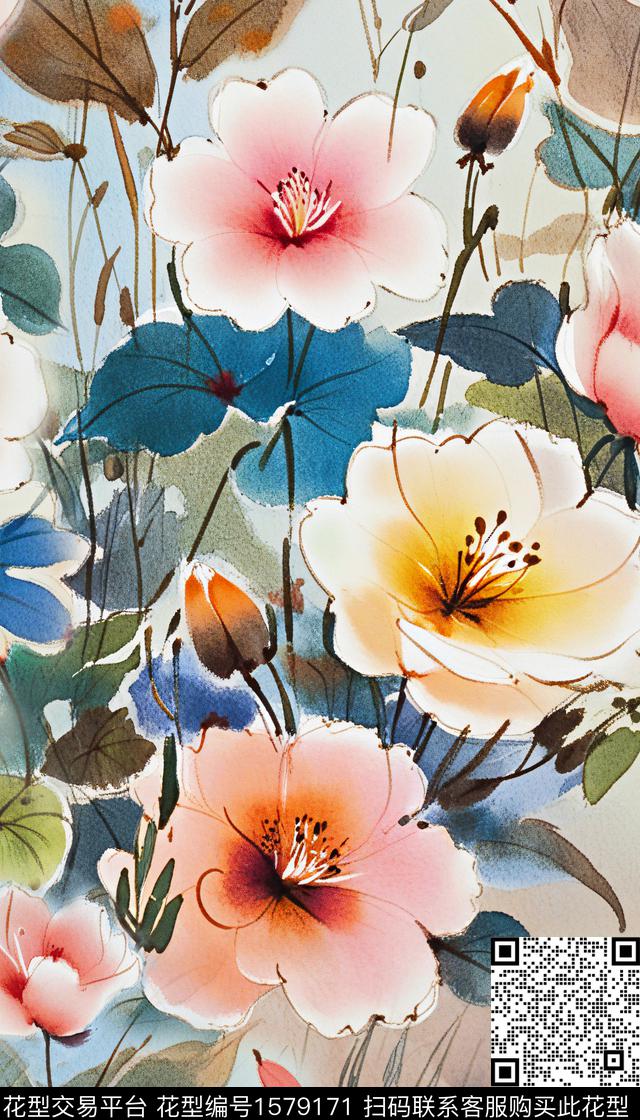 大花花卉水彩花卉数码印花华亿平台下载（图片编号: 1579171） - 瓦栏（Walan）