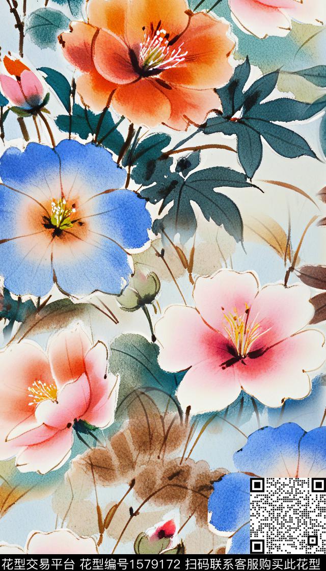 大花花卉水彩花卉数码印花华亿平台下载（图片编号: 1579172） - 瓦栏（Walan）