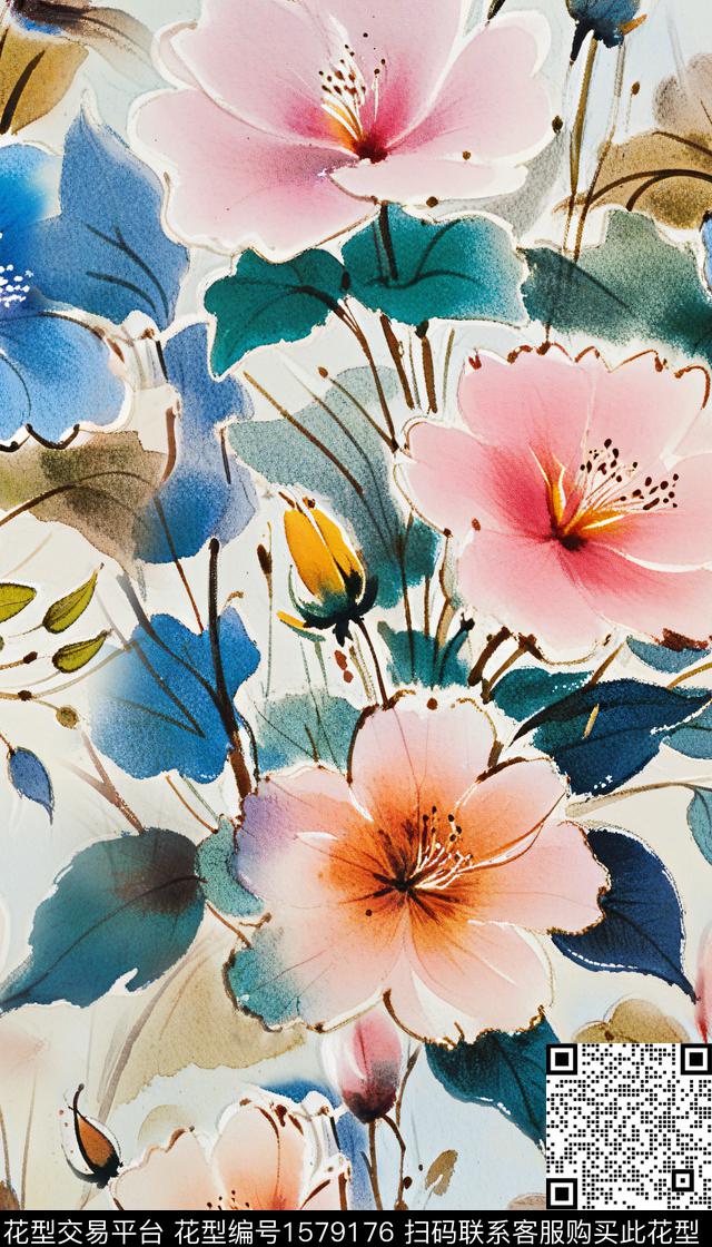 大花花卉水彩花卉数码印花华亿平台下载（图片编号: 1579176） - 瓦栏（Walan）