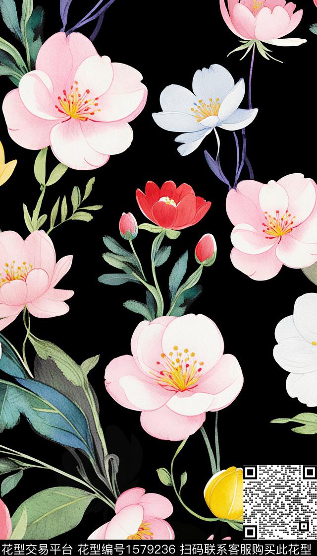 大花沙发布黑底花卉数码印花华亿平台下载（图片编号: 1579236） - 瓦栏（Walan）