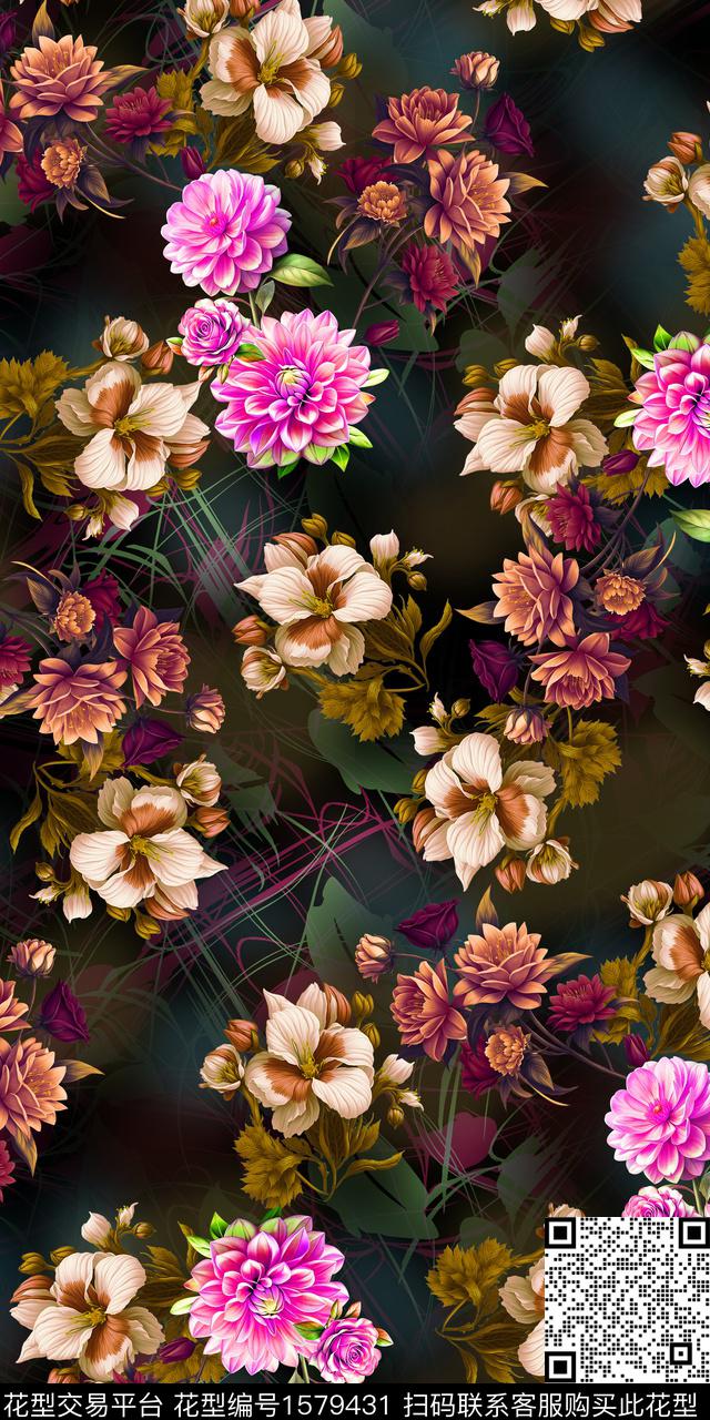 花卉中老年女装黑底花卉数码印花华亿平台下载（图片编号: 1579431） - 瓦栏（Walan）