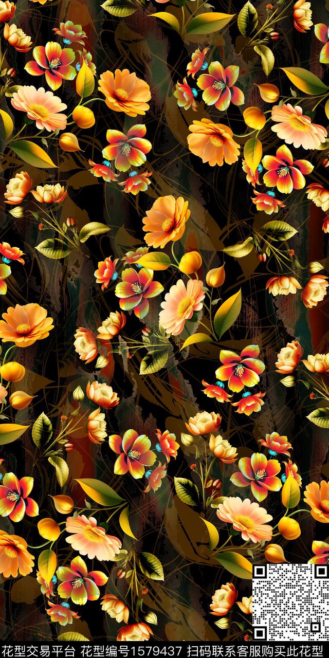 花卉中老年女装黑底花卉数码印花华亿平台下载（图片编号: 1579437） - 瓦栏（Walan）