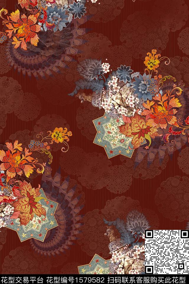 花卉中老年香云纱数码印花华亿平台下载（图片编号: 1579582） - 瓦栏（Walan）