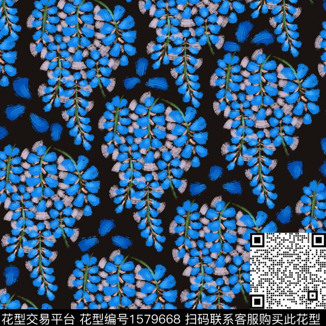 花卉笔触蓝色数码印花华亿平台下载（图片编号: 1579668） - 瓦栏（Walan）