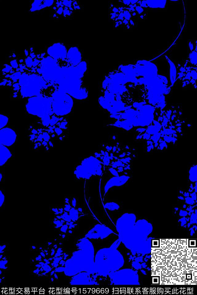 大花剪影黑底花卉数码印花华亿平台下载（图片编号: 1579669） - 瓦栏（Walan）