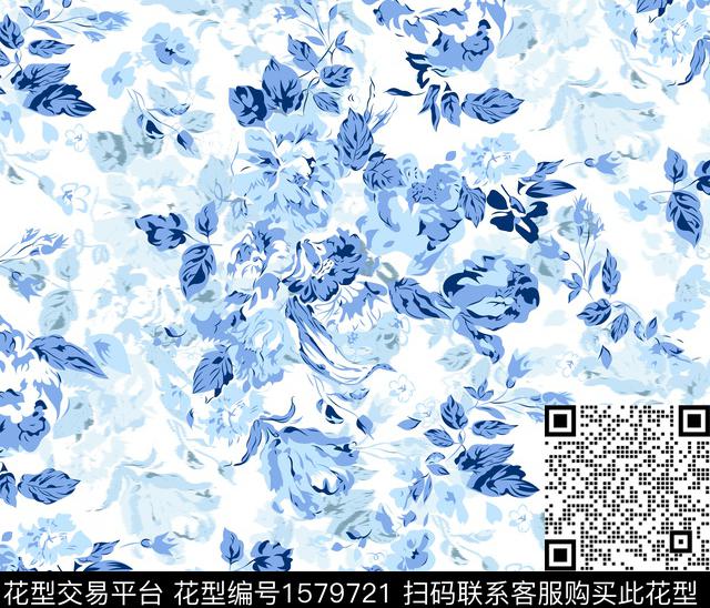 花卉抽象花卉青花数码印花华亿平台下载（图片编号: 1579721） - 瓦栏（Walan）