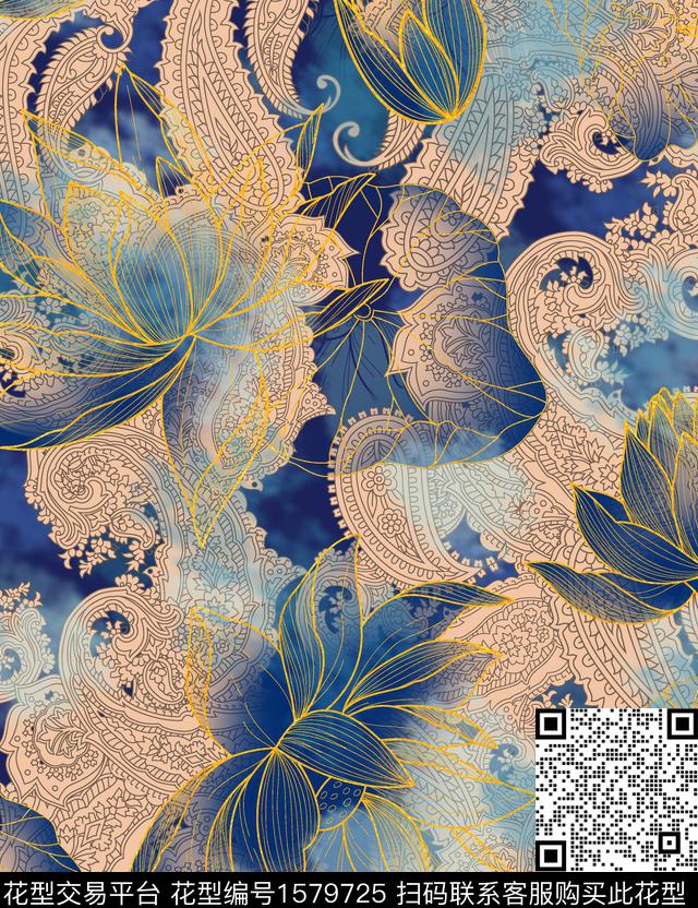 佩斯利民族风线条花卉数码印花华亿平台下载（图片编号: 1579725） - 瓦栏（Walan）