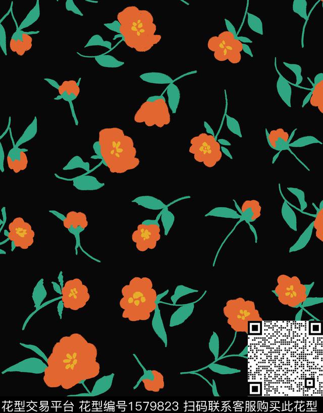 花卉小碎花黑底花卉传统印花华亿平台下载（图片编号: 1579823） - 瓦栏（Walan）