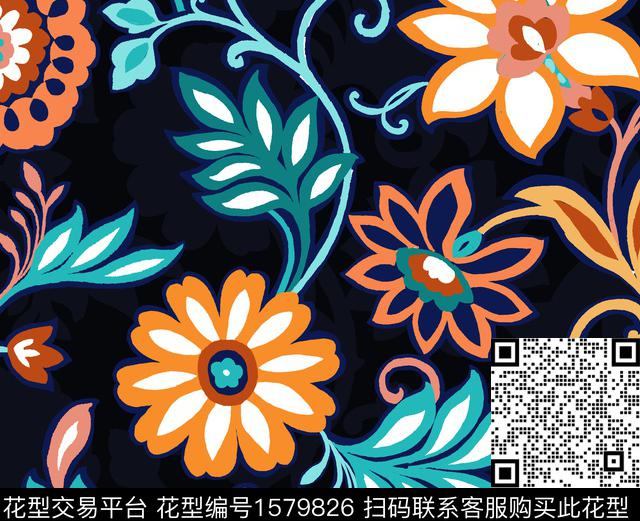 植物藤蔓清爽底花卉传统印花华亿平台下载（图片编号: 1579826） - 瓦栏（Walan）