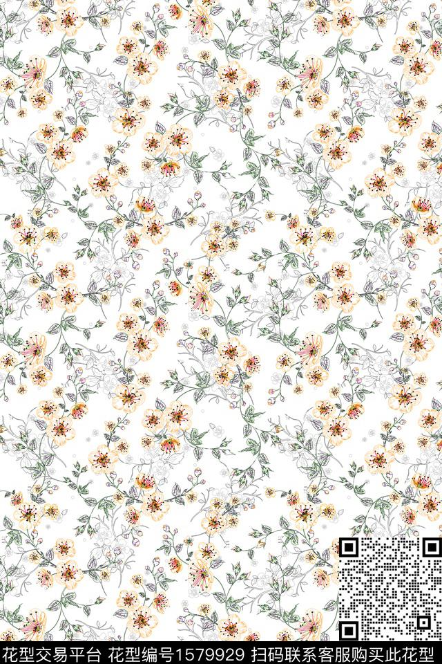 白底花花卉小碎花数码印花华亿平台下载（图片编号: 1579929） - 瓦栏（Walan）