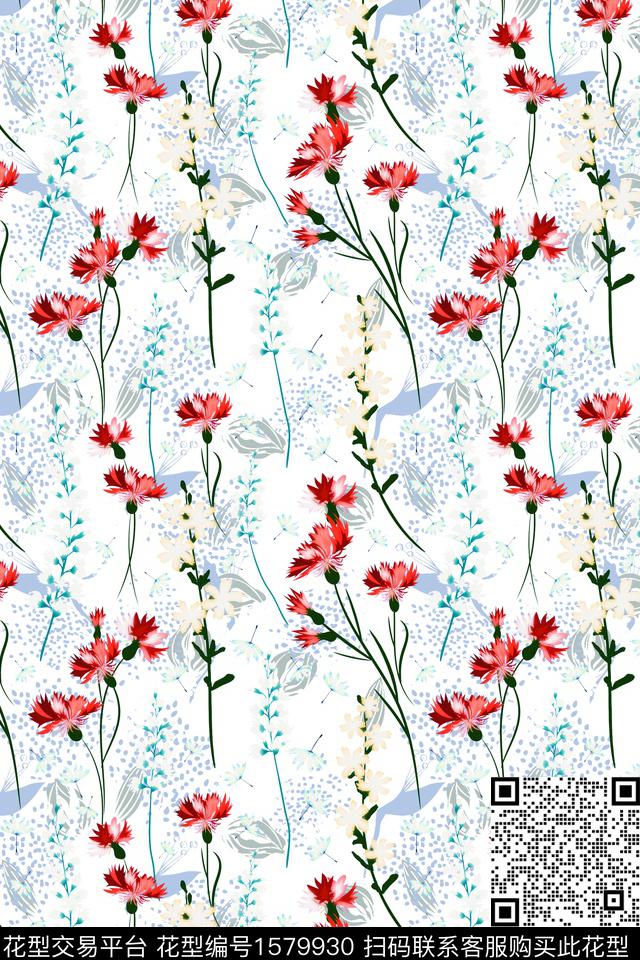 白底花花卉小碎花数码印花华亿平台下载（图片编号: 1579930） - 瓦栏（Walan）