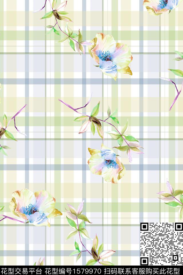 水彩花卉格子花卉数码印花华亿平台下载（图片编号: 1579970） - 瓦栏（Walan）