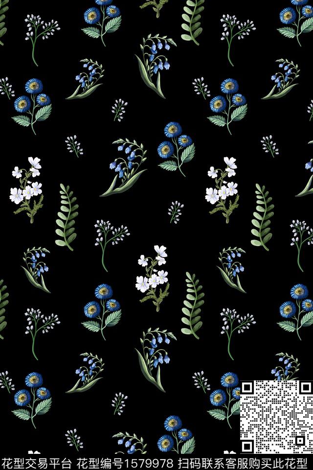 黑底花卉花卉小碎花数码印花华亿平台下载（图片编号: 1579978） - 瓦栏（Walan）