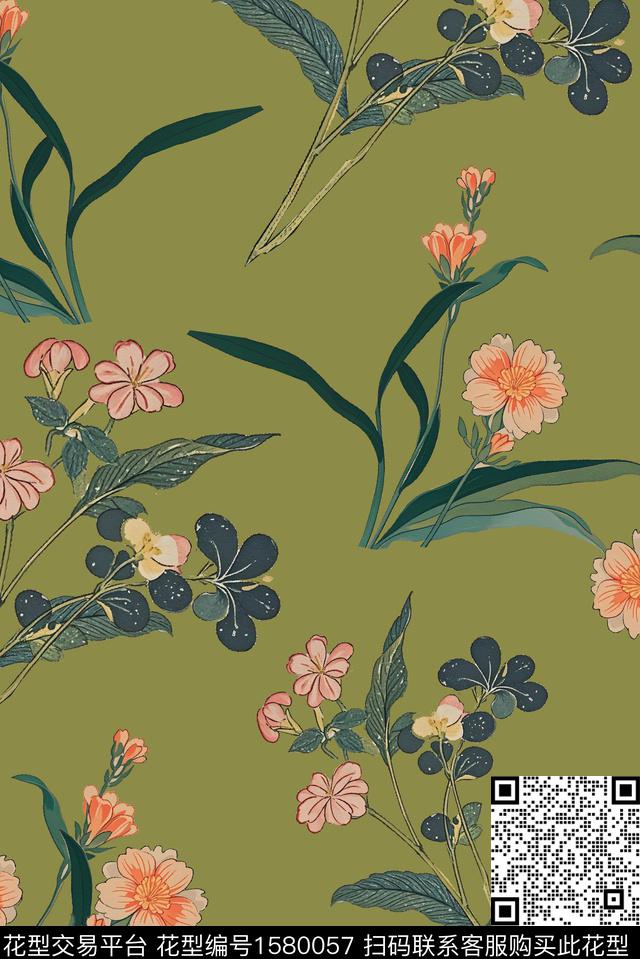 花卉清爽底花卉数码印花华亿平台下载（图片编号: 1580057） - 瓦栏（Walan）