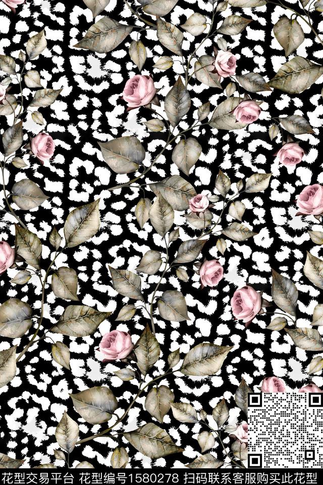 豹纹底纹花卉数码印花华亿平台下载（图片编号: 1580278） - 瓦栏（Walan）