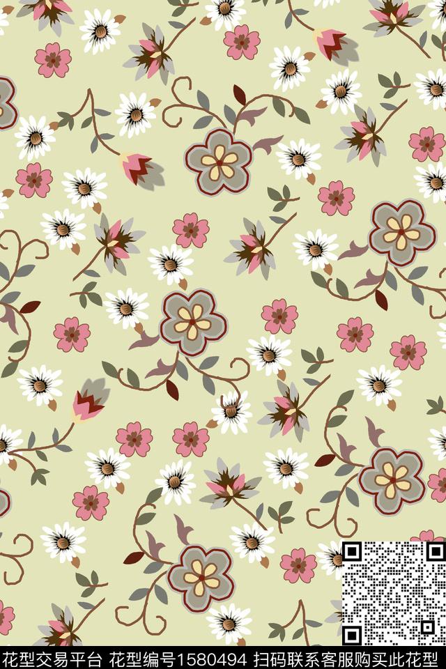 花卉满版散花手绘花卉传统印花华亿平台下载（图片编号: 1580494） - 瓦栏（Walan）