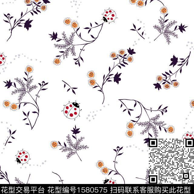 趣味花卉瓢虫传统印花华亿平台下载（图片编号: 1580575） - 瓦栏（Walan）