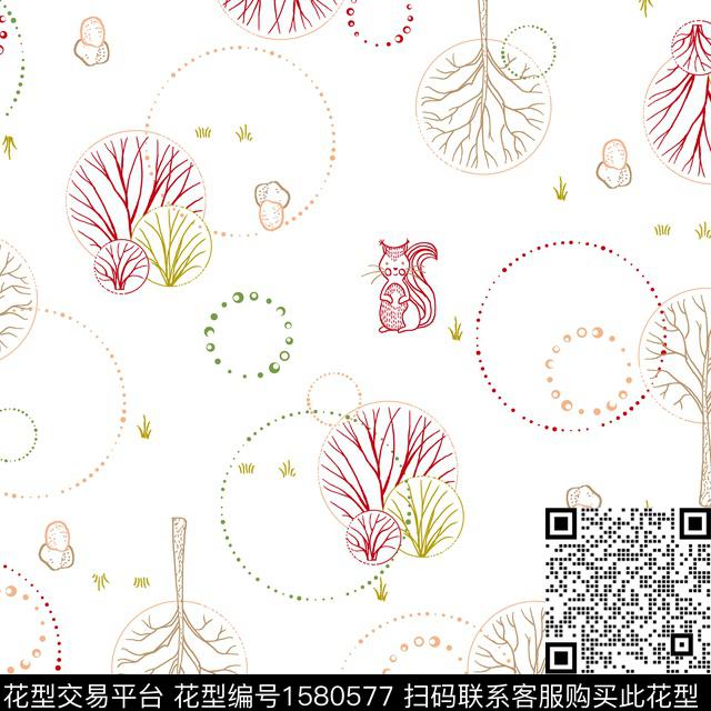 趣味松鼠树传统印花华亿平台下载（图片编号: 1580577） - 瓦栏（Walan）