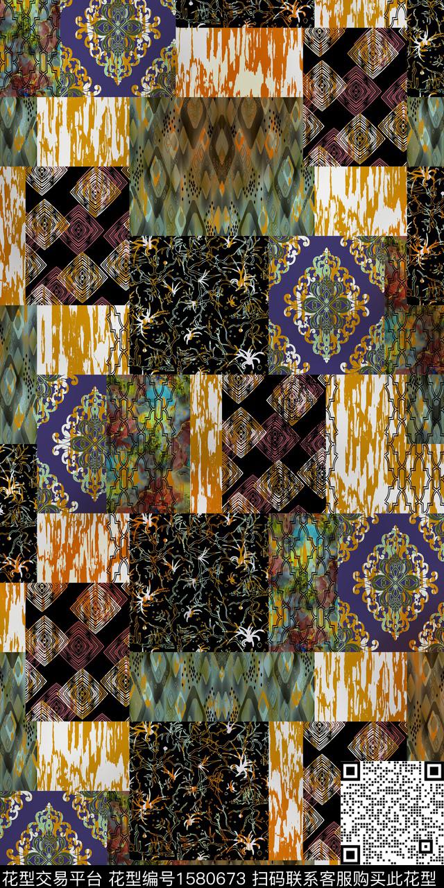 混合拼接民族风民族纹样数码印花华亿平台下载（图片编号: 1580673） - 瓦栏（Walan）