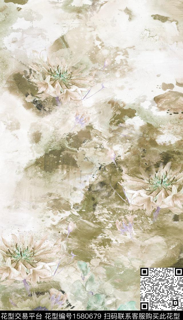 晕染肌理民族风水彩花卉数码印花华亿平台下载（图片编号: 1580679） - 瓦栏（Walan）
