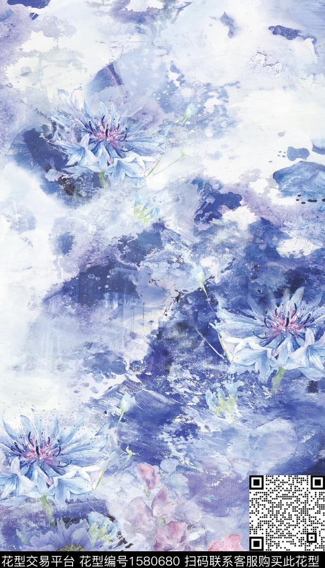 晕染肌理中国风水彩花卉数码印花华亿平台下载（图片编号: 1580680） - 瓦栏（Walan）