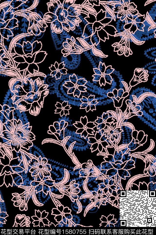 佩斯利民族花卉民族风数码印花华亿平台下载（图片编号: 1580755） - 瓦栏（Walan）