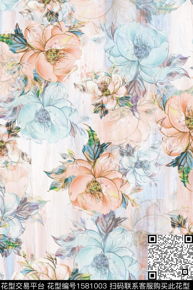 花卉连衣裙水彩花卉数码印花华亿平台下载（图片编号: 1581003） - 瓦栏（Walan）