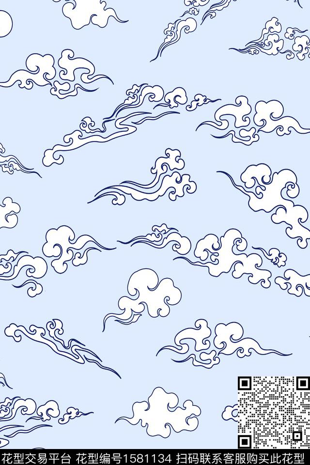 祥云云朵线条传统印花华亿平台下载（图片编号: 1581134） - 瓦栏（Walan）