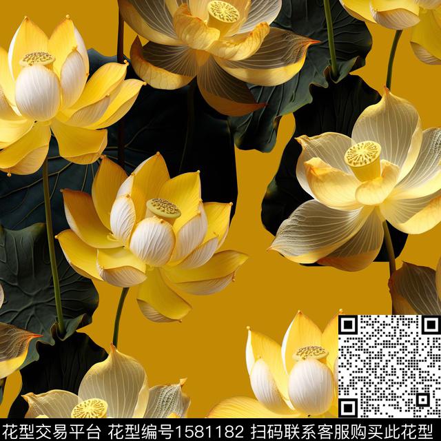 黑底花卉荷花中老年数码印花华亿平台下载（图片编号: 1581182） - 瓦栏（Walan）