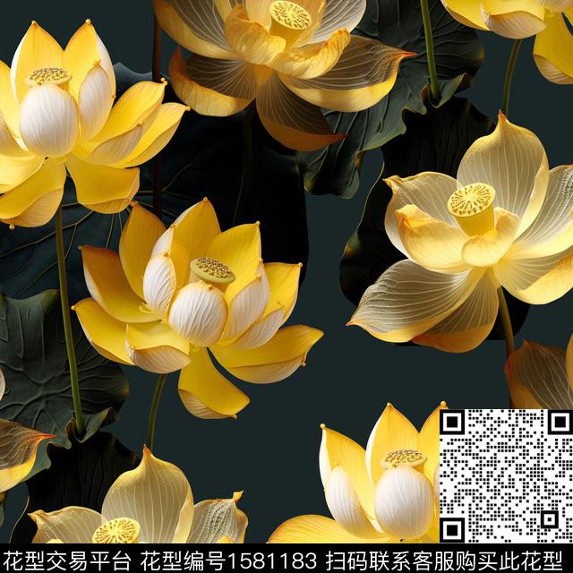 黑底花卉荷花中老年数码印花华亿平台下载（图片编号: 1581183） - 瓦栏（Walan）